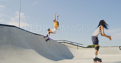 Buy stock photo Rollerskate, energy and skating with couple at park for support, game and training. Rollerblade, fitness and bonding with man and woman outdoor for hobby, extreme sport and urban ramp together