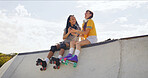 Rollerskate, laugh and phone with interracial couple at park for social media, skating game and training. Rollerblade, online meme and bonding with man and woman outdoor for hobby, joke and smile