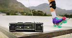 Radio, roller skates and legs with person for sports, action and agile with retro music outdoor. Audio, skating shoes and skater at skatepark with vintage technology, balance or practice with energy