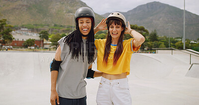 Buy stock photo Rollerskate, funny and portrait of interracial couple at park for support, skating game and training. Rollerblade, fitness and bonding with man and woman outdoor for hobby, extreme sport and laugh