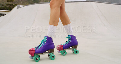 Buy stock photo Roller skating, balance and legs of woman at park for hobby, training or challenge with health. Exercise, sports and feet of female person with skates for tricks or workout outdoor in summer.