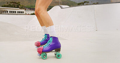 Buy stock photo Roller skating, balance and legs of woman at park for hobby, training or challenge with fitness. Exercise, sports and feet of female person with skates for tricks or practice outdoor in summer.