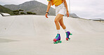 Roller skating, fitness and legs of woman at park for hobby, training or challenge with health. Exercise, sports and feet of female person with skates for tricks or workout outdoor in summer.