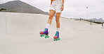 Roller skating, exercise and legs of woman at park for hobby, training or challenge with health. Fitness, sports and feet of female person with skates for tricks or workout outdoor in summer.