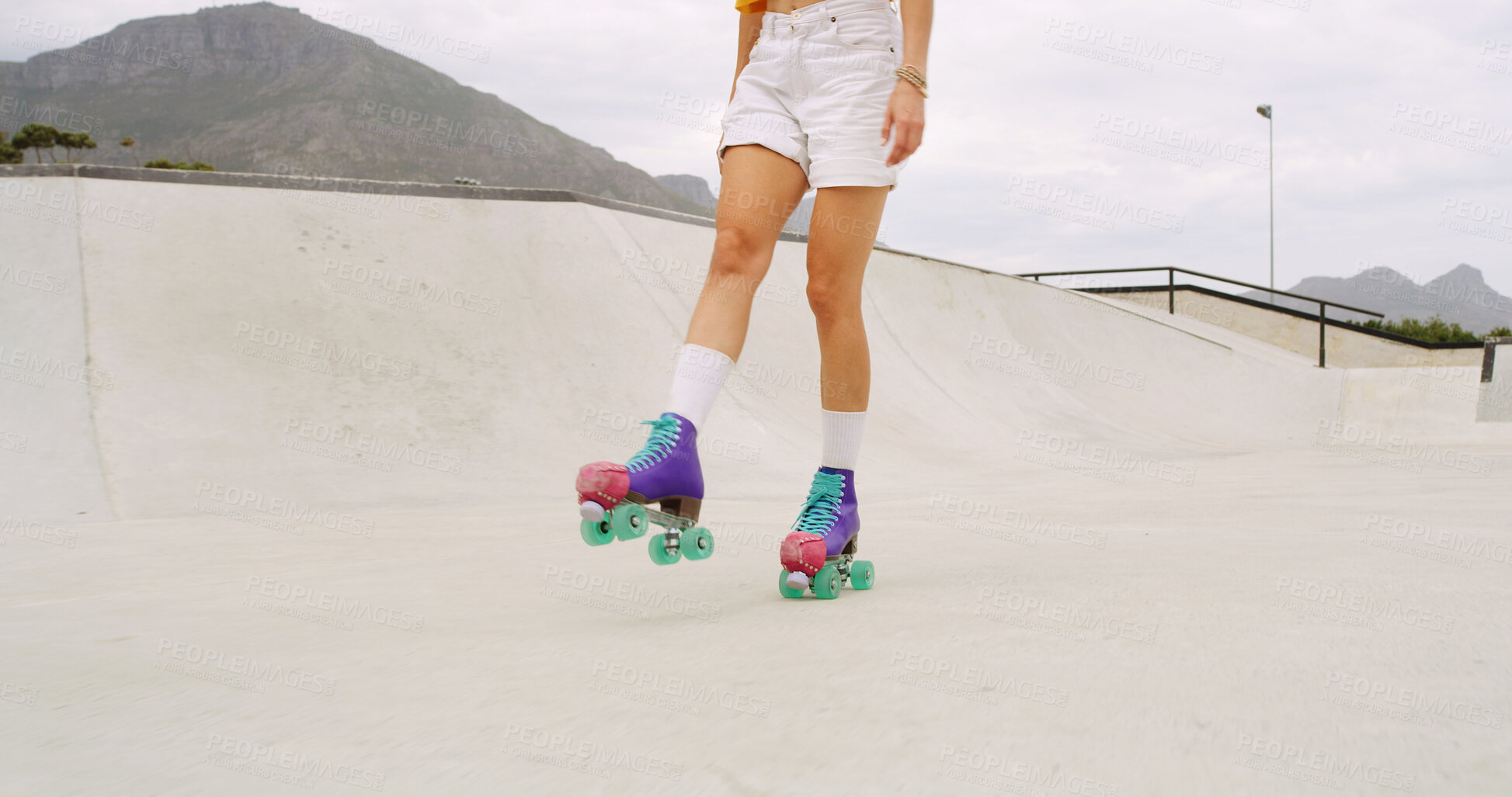 Buy stock photo Roller skating, exercise and legs of woman at park for hobby, training or challenge with balance. Fitness, sports and feet of female person with skates for tricks or practice outdoor in summer.