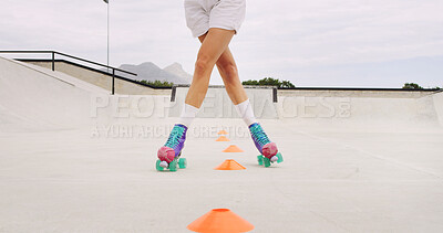 Buy stock photo Roller skating, cones and legs of woman at park for hobby, training or challenge on weekend. Exercise, fitness and feet of female person with skates for tricks or practice with balance outdoor.