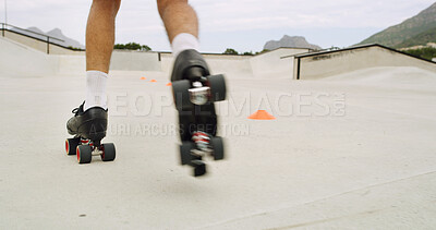 Buy stock photo Feet, roller skates and ramp at park with speed, motion blur or space with balance, skills or ride in summer. Legs, skater and person with moving, energy or ground for extreme sports training in city