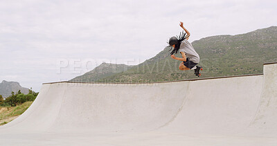 Buy stock photo Man, roller skates and ramp at park with jump, sky and space with speed, skills or stunt in summer. Gen z person, skater and trick with exercise, energy or outdoor for extreme sports training in city