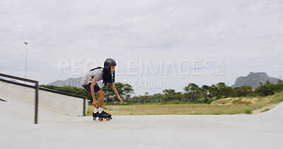 Buy stock photo Skate park, ramp or man with helmet on weekend, coordination practice or balance development for hobby. Outdoor activity, safety gear or person with rollerskate to learn trick, mockup space or active