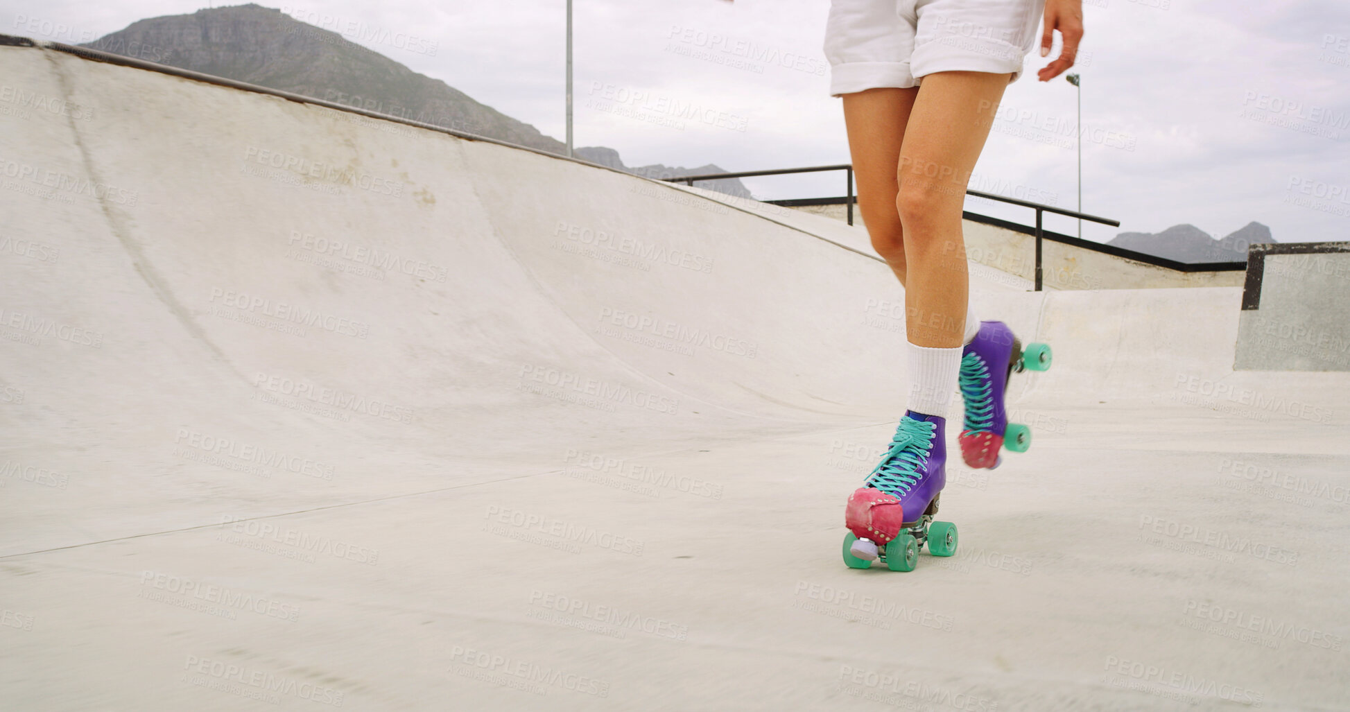 Buy stock photo Roller skating, sports and legs of woman at park for hobby, training or challenge with balance. Exercise, fitness and feet of female person with skates for tricks or practice outdoor in summer.