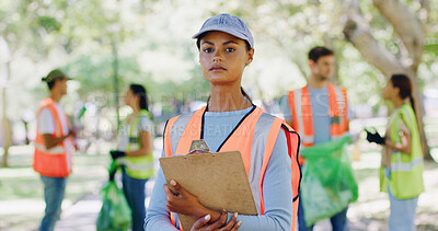 Buy stock photo Volunteer portrait, woman or clipboard at park for cleanup charity, green project or community service. Sustainable NGO, team leader and waste checklist outdoor for environmental outreach or activism