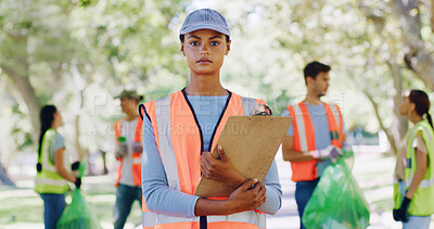 Buy stock photo Volunteer portrait, woman or clipboard outdoor for cleanup project, earth day or community service. Sustainable NGO, team leader or waste checklist at park for environmental outreach or trash picking
