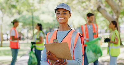Buy stock photo Volunteer, woman and happy with clipboard at park for cleanup charity, green project and activism. NGO portrait, team leader and checklist in nature for sustainable outreach and social responsibility
