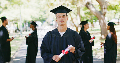 Buy stock photo University, graduation and portrait of man in park for education, achievement and college degree. Campus, school and person with certificate for academic success, celebration and milestone outdoor