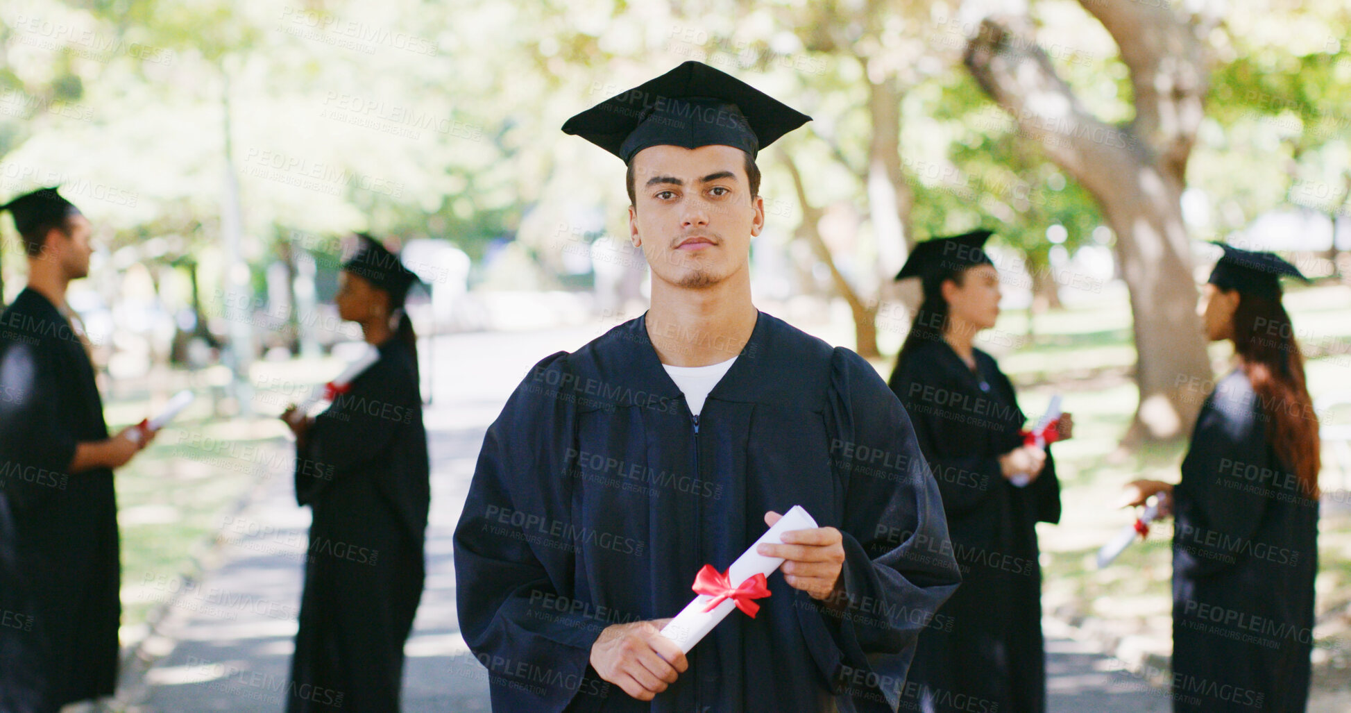 Buy stock photo University, graduation and portrait of man in park for education, achievement and college degree. Campus, school and person with certificate for academic success, celebration and milestone outdoor