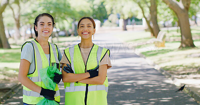 Buy stock photo Volunteer, happy and portrait of women in park with bag to collect trash, plastic and litter for pollution. Outdoor, space and people for community service, recycling and cleaning for environment