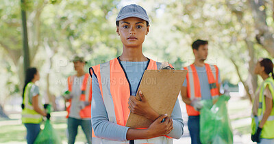Buy stock photo Serious volunteer, woman or clipboard at park for waste picking, green project or community service. Sustainable NGO, team leader or workflow checklist for environmental outreach or activism portrait