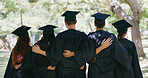 Hug, graduation and back of students in park for education, achievement and college degree. University, school and people with embrace for academic success, celebrate together and milestone outdoor