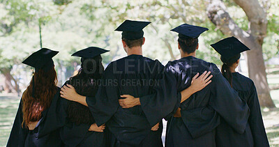 Buy stock photo Hug, graduation and back of students in park for education, achievement and college degree. University, school and people with embrace for academic success, celebrate together and milestone outdoor