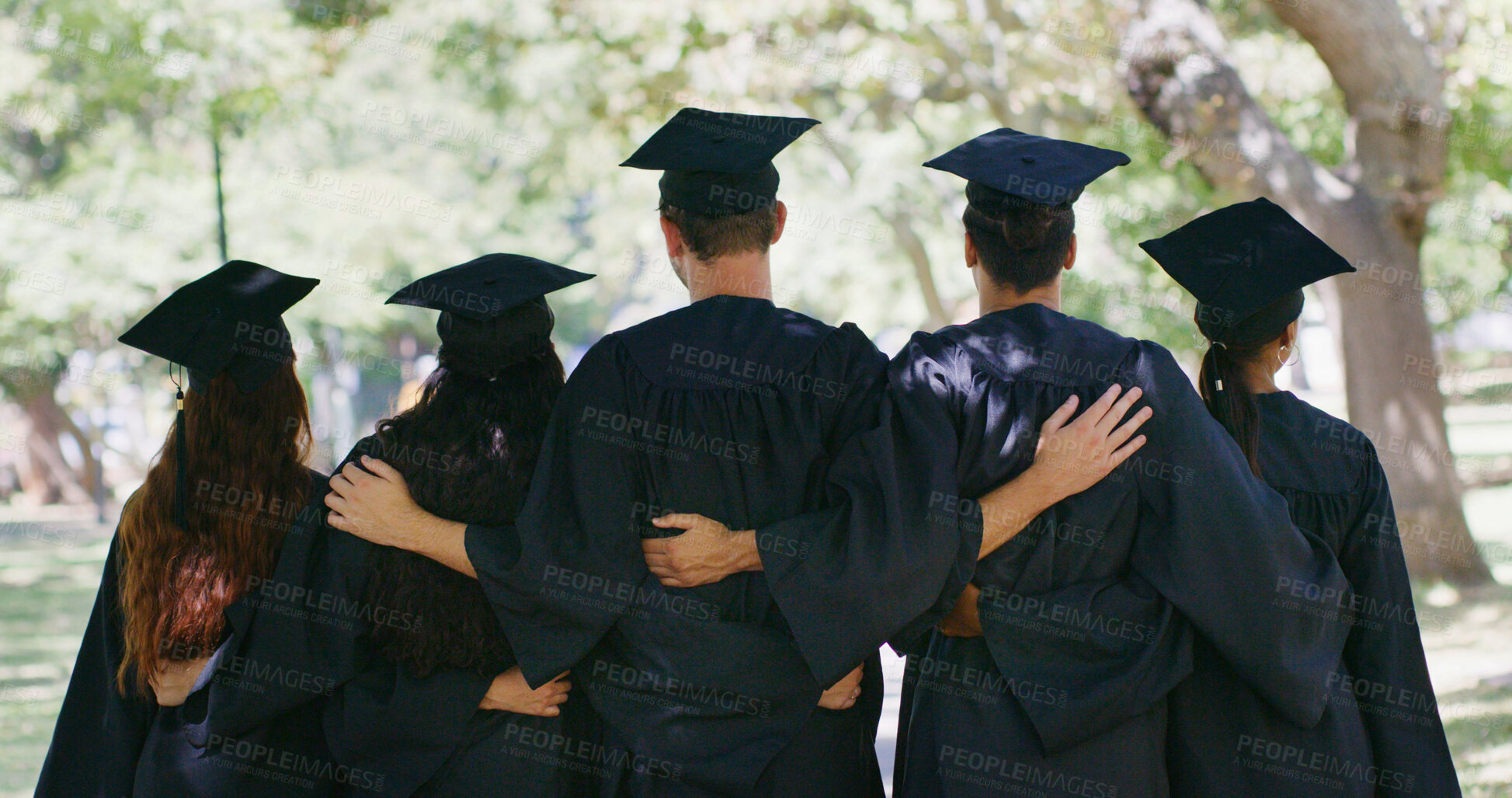 Buy stock photo Hug, graduation and back of students in park for education, achievement and college degree. University, school and people with embrace for academic success, celebrate together and milestone outdoor