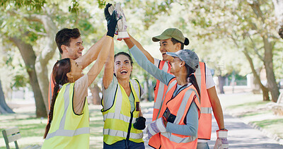 Buy stock photo Volunteer, people and high five with success at park for goal, smile or stop pollution in summer. Friends, team building and happy for social responsibility, celebration or excited for sustainability