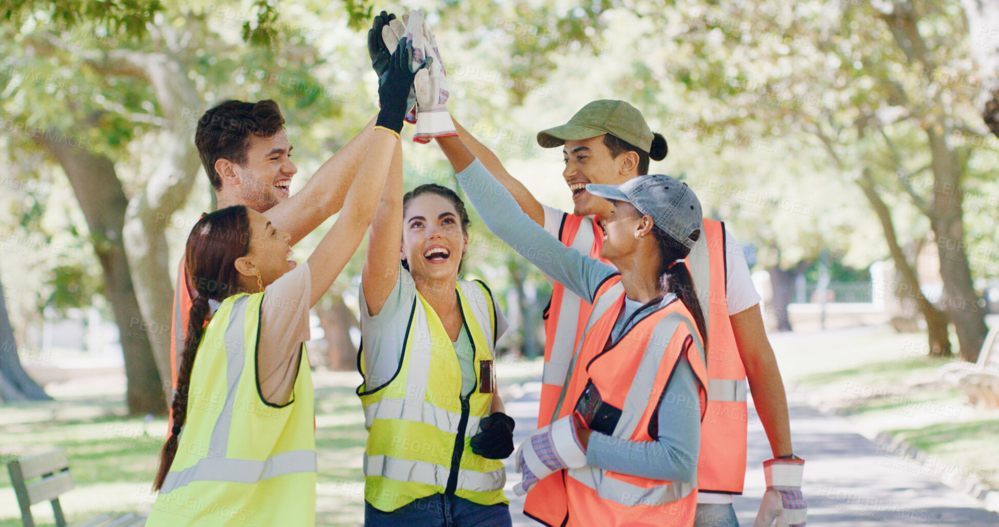 Buy stock photo Volunteer, people and high five with success at park for goal, smile or stop pollution in summer. Friends, team building and happy for social responsibility, celebration or excited for sustainability