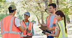 Group, people and volunteer at park for sign up on clipboard, planning or accountability. Team, men and women for talk, happy or gloves for registration process with call to action for sustainability