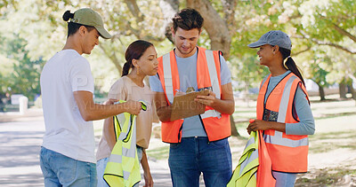 Buy stock photo Team, people and volunteer at park for registration on clipboard, planning or accountability. Group, men and women for talk, happy or gloves for sign up process with call to action for sustainability