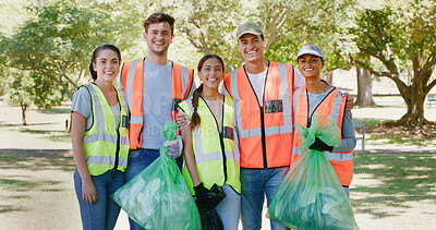Buy stock photo Volunteer, cleaning and portrait of team in park with bag to collect trash, plastic and litter for pollution. Outdoor, happy and men and women for community service, recycling and environmental care