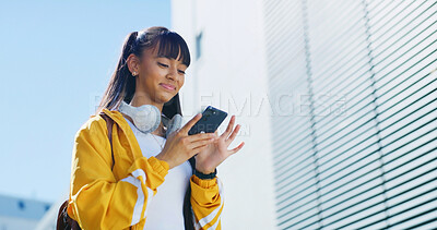 Buy stock photo Happy girl, phone and city with social media on space for connection, network or student research. Teenager, youth or user scrolling with smile on mobile smartphone for communication, app or chat