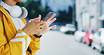 Digital, phone and hands in city with scroll, social media update or message reply on commute. Space, connectivity or girl in urban area with technology, app browse or online chatting on outdoor walk