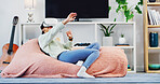 Woman, rest and vr headset at house for streaming, digital interaction or gaming for 3D experience. Female person, relax and virtual reality glasses to explore metaverse, simulation and entertainment