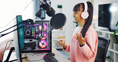 Buy stock photo Teenager, gaming and computer with microphone for girl, esports and online hobby in home. Headphones, gen z content creator or streaming with video game, tournament or internet challenge for vlog