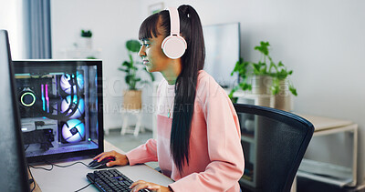 Buy stock photo Teenager, gaming and computer with technology for streaming, esports and online hobby in home. Headphones, gen z content creator or streamer with video game, tournament or internet challenge for vlog