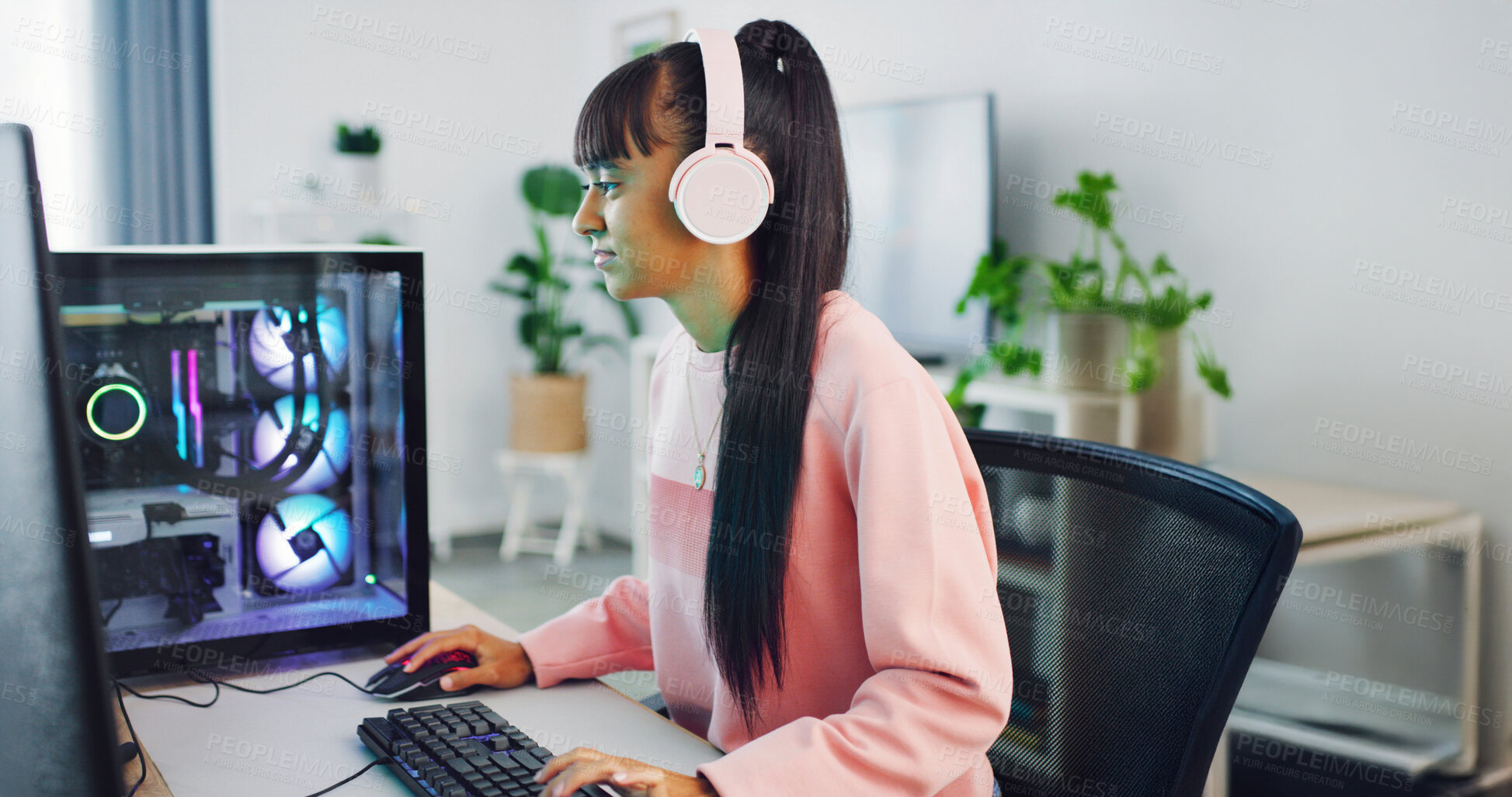 Buy stock photo Teenager, gaming and computer with technology for streaming, esports and online hobby in home. Headphones, gen z content creator or streamer with video game, tournament or internet challenge for vlog