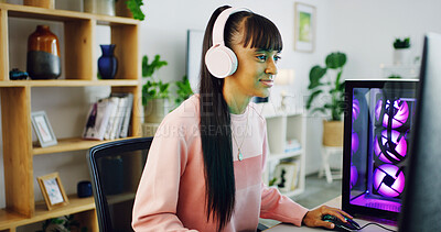 Buy stock photo Woman, gamer and computer with technology for streaming, esports and online hobby in home. Headphones, gen z content creator and streamer with video game, tournament or internet challenge for vlog
