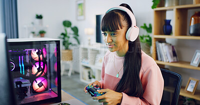 Buy stock photo Teenager, gamer and computer with controller for streaming, esports and online hobby in home. Headphones, gen z content creator or girl streamer with video game, tournament or internet for vlog