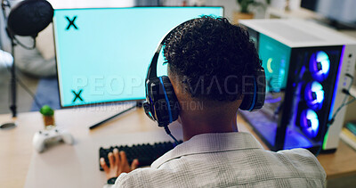 Buy stock photo Boy, computer screen and gamer with headset for esport, competition or streaming gameplay in home. Back view, teenager or streamer with monitor display for competitive online match on mockup space