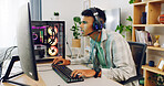 Gaming, computer and teen with headphones in home for esports competition, action or contest. Headset, boy and gamer with pc for gameplay challenge, online match or streaming entertainment with RGB