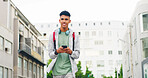 Phone, thinking and walking with teen boy in city for commute to high school destination. App, smile and space with happy student typing outdoor in urban town for communication, education or travel