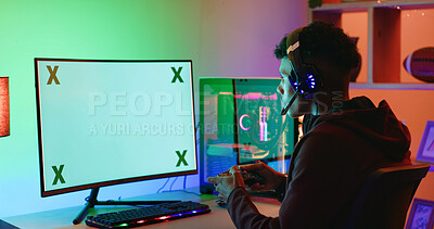 Buy stock photo Game controller, computer screen and teen with headphones in home for esports competition with RGB. Headset, boy or gaming monitor for gameplay challenge, online match or mockup space with neon light