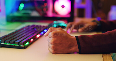 Buy stock photo Hands, gaming and frustrated person by computer, fail or loss with challenge in home. Fist, gamer and desk with competition defeat for esports, stress and bokeh of tech with RGB keyboard in house