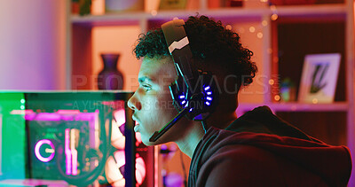 Buy stock photo Gamer, profile and teen with headset for esports competition, action or contest in home. Headphones, boy and gaming with computer for challenge, online match or streaming audio with neon light