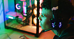 Headphones, teen and profile for gaming in home, entertainment and esports with RGB light. Headset, boy and gamer play on online competition, action and contest with gameplay audio on computer