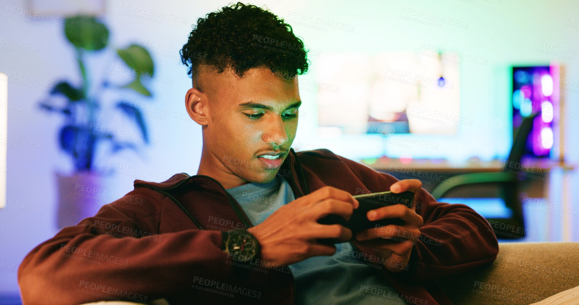 Buy stock photo Home, smartphone gaming or teenage boy on sofa, relax or esports in lounge. Online contest, connection or mobile user with cellphone, network or digital app for competition score or results for game