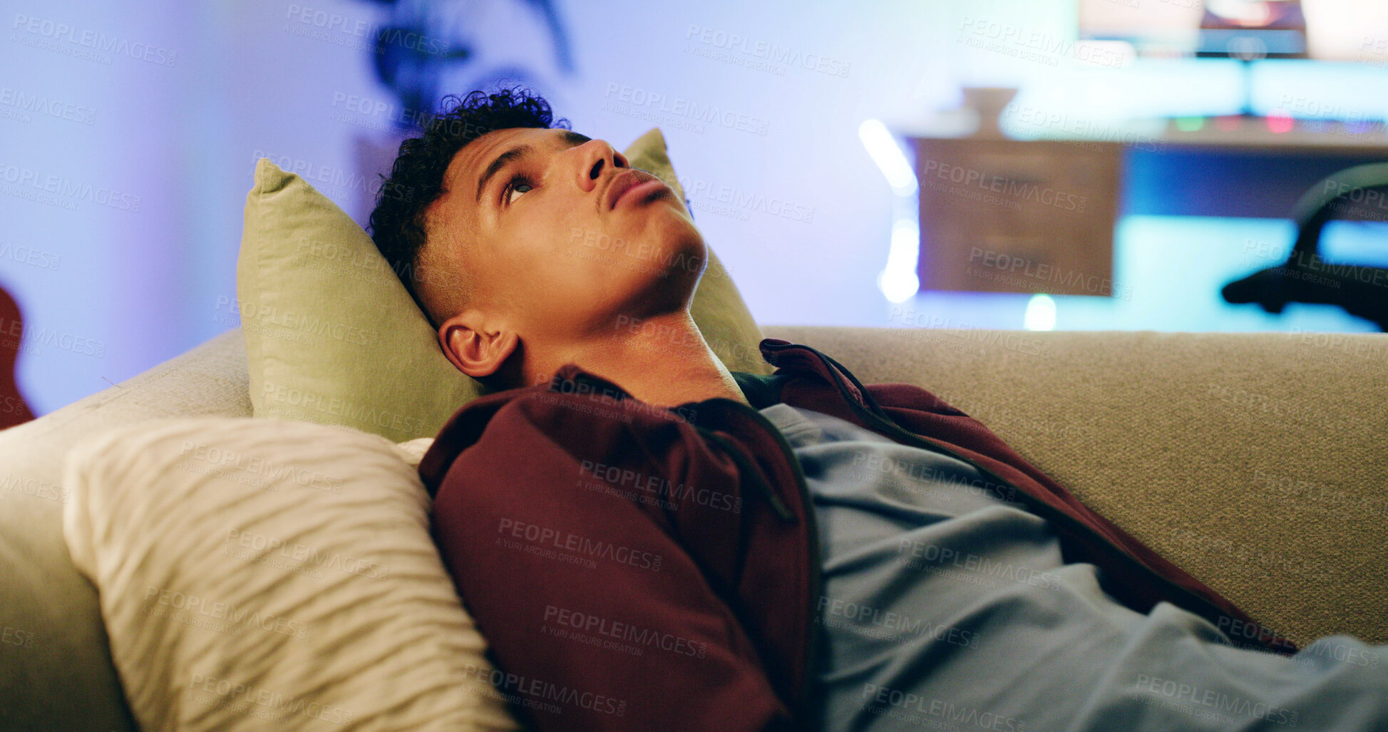 Buy stock photo Mental health, thinking and teenager on sofa with reflection, anxiety trigger or memory of past trauma. Grief, flashback and boy in house with sadness, loss and fatigue in emotional thoughts.