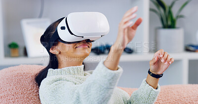 Buy stock photo Woman, smile and vr headset at house for streaming, digital interaction or gaming for 3D experience. Female person, play and virtual reality glasses to explore metaverse, simulation and entertainment