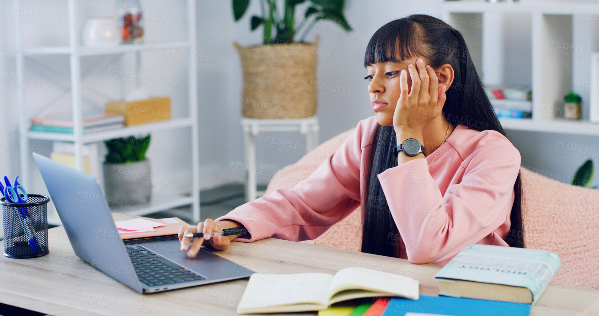 Buy stock photo Bored, fatigue and laptop with teen girl in bedroom of home for education, learning or study. Computer, reading and remote course with tired student at desk in apartment for assignment or homework