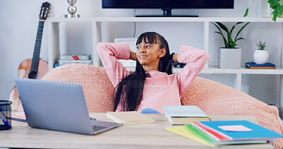 Buy stock photo Relax, laptop and girl in bedroom for online school, education and elearning with break. Notebooks, computer and teenager with hands behind head for finished assignment, test or project in home.