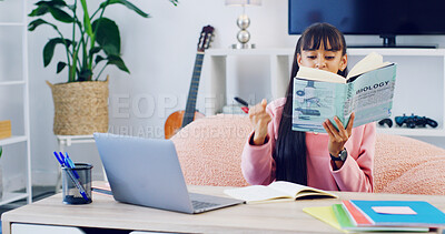 Buy stock photo Girl, student and books with notes in home for online course, review or prepare for high school exam. Person, reading and laptop for e learning, scholarship or education for biology test at apartment